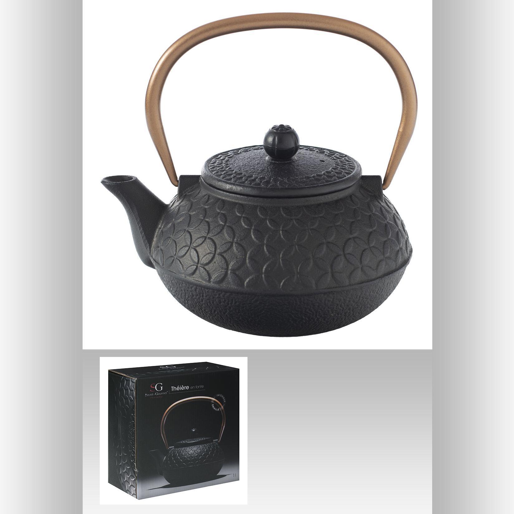 Secret De Gourmet - Théière En Fonte Flora 1L Noir - Design Élégant Avec Filtre Inclus