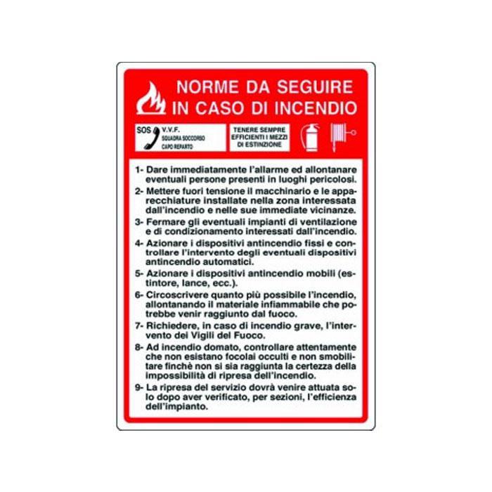 Cartello delle norme da seguire in caso di incendio
