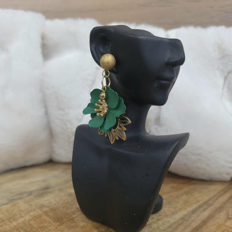 Boucles D'oreilles Clips Dorées Longues - Motif Fleur Métallique Rouge - Style Princesse Kate - Neuf